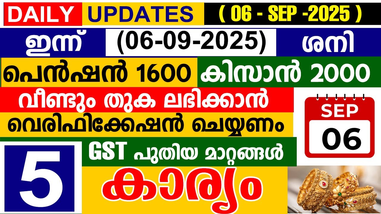 ഇന്ന് (2025 സെപ്റ്റംബർ 06 ശനി) പെൻഷൻ 1600 കിസാൻ 2000 |വെരിഫിക്കേഷൻ ചെയ്യണം | GST പുതിയ മാറ്റങ്ങൾ