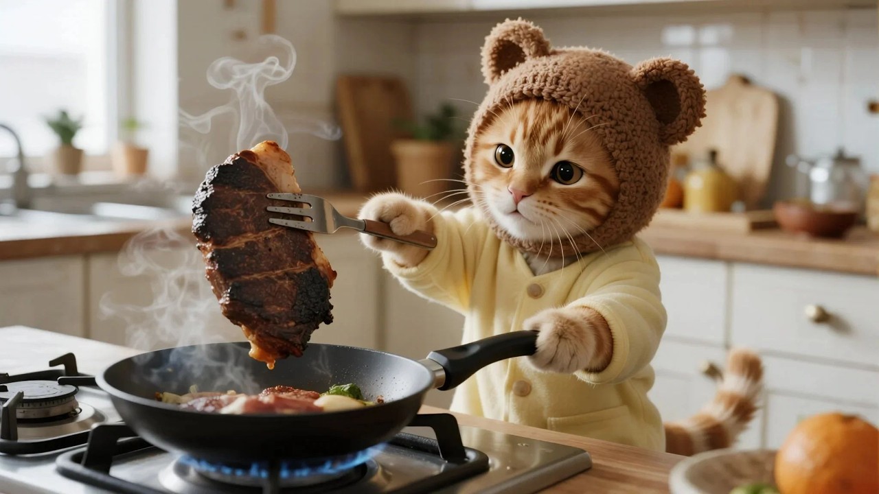 Failed steak!🥩👨‍🍳Happened when Ginger Kitten cook without Mama Cat?🍽️
