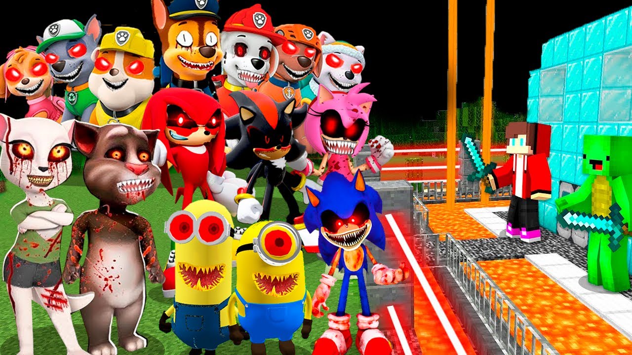 ALL Scary MONSTERS vs Security House in Minecraft Challenge Maizen JJ and Mikey SONIC.EXE PAW PATROL