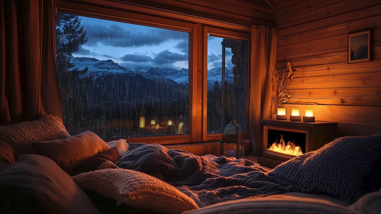 Powerful Thunderstorm, Heavy Rain & Fireplace Crackling 🌧️🌩️🔥 | Night Ambience