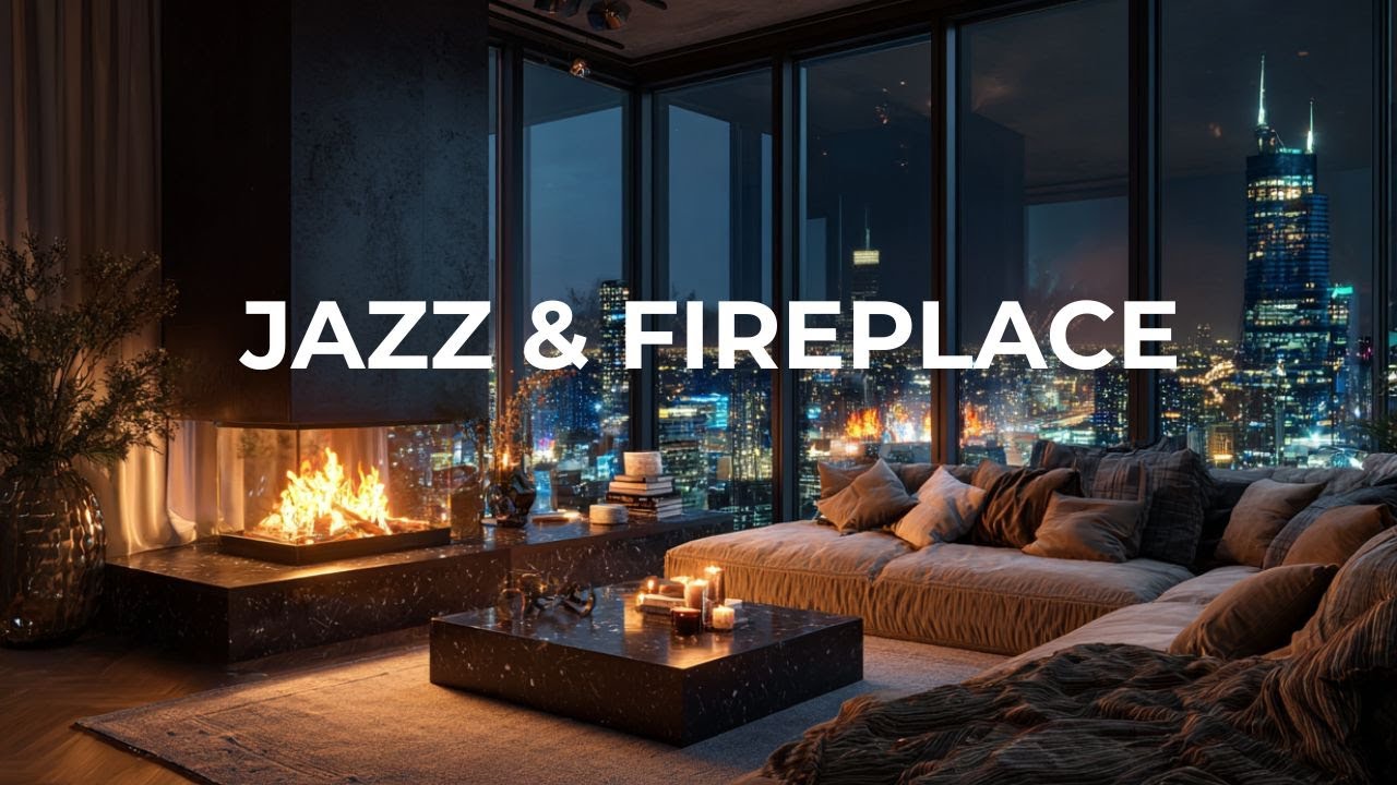 Cozy Fireplace Ambience 🔥 Smooth Jazz & City Lights | Relax, Study, Sleep (4K)