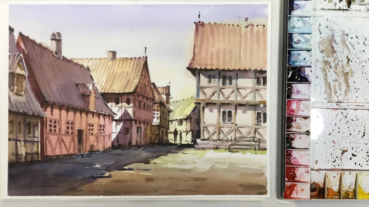 Watercolor Painting The Old Town, Aarhus