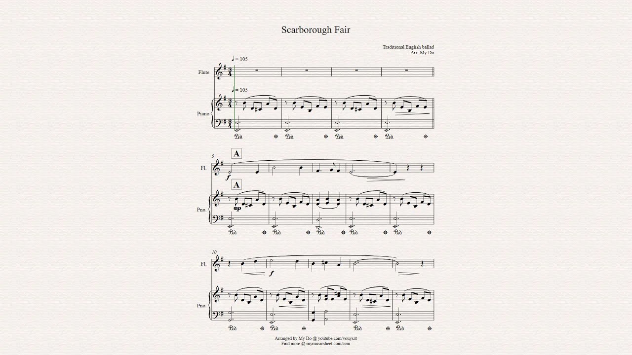 Scarborough Fair for Flute solo (easy) with Piano Accompaniment