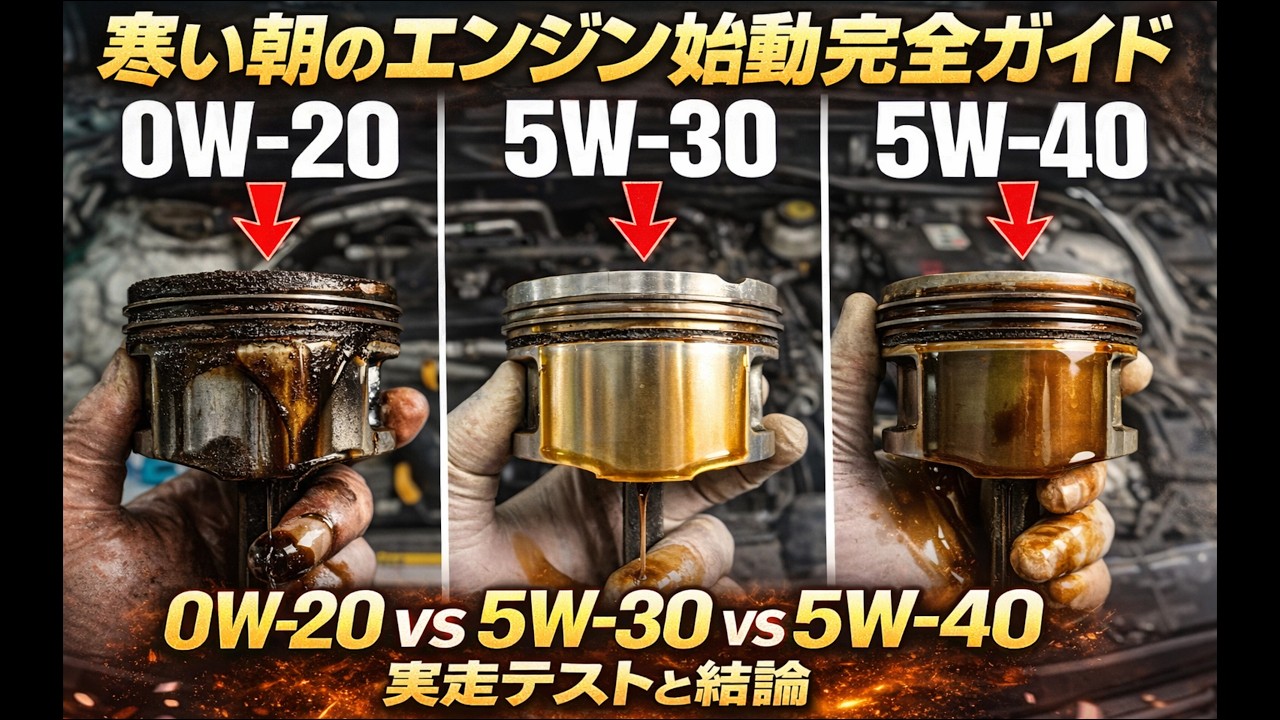 「寒い朝のエンジン始動完全ガイド：0W-20 vs 5W-30 vs 5W-40 実走テストと結論」（包括的ガイド）