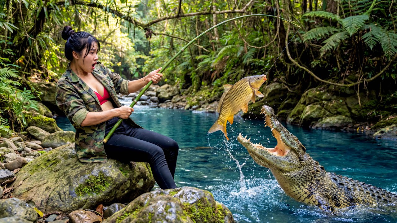 Surviving the jungle : ​​30 Days Building a Shelter and Accidentally Encountering a Large Crocodile.