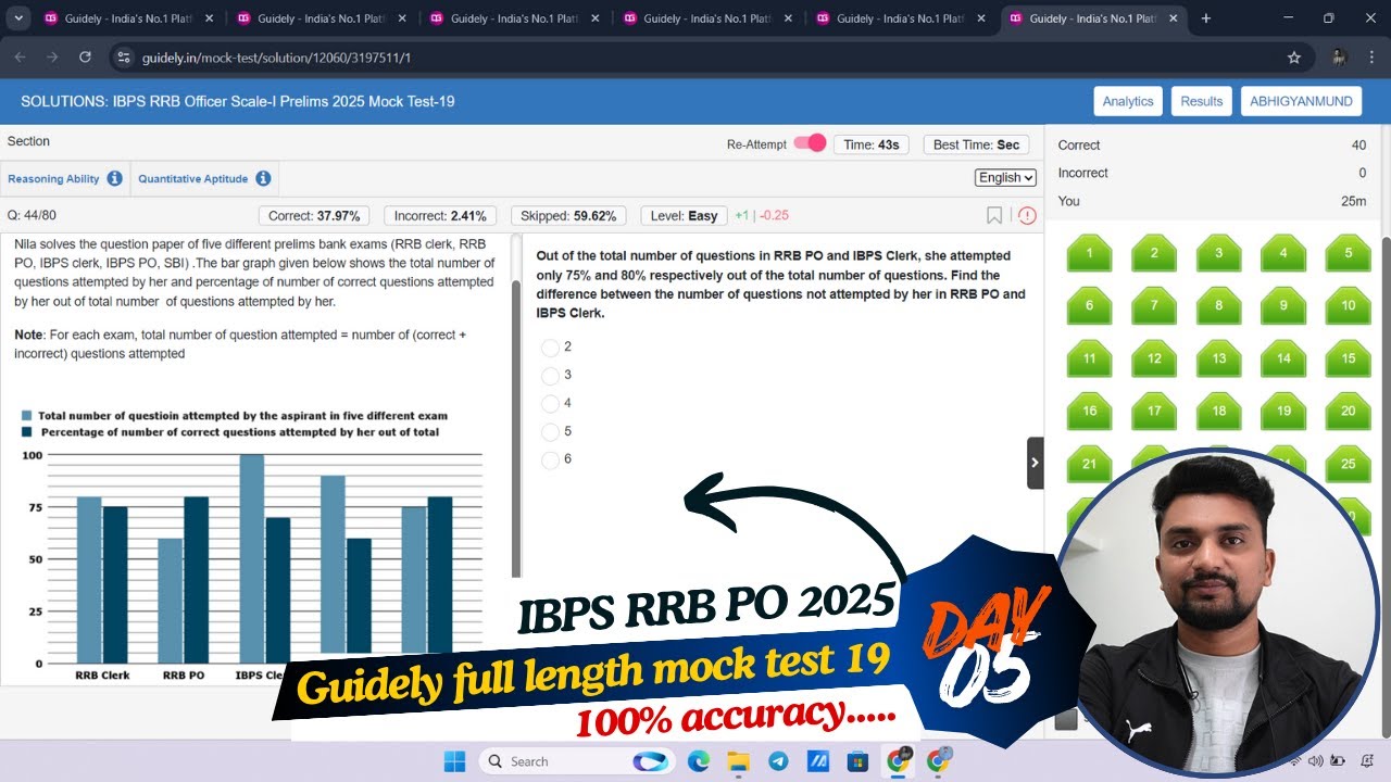 Day 05- RRB PO Pre Mock 2025: Guidely Full Mock Test 19 | Scored 40/40 in 25 min #rrbpo