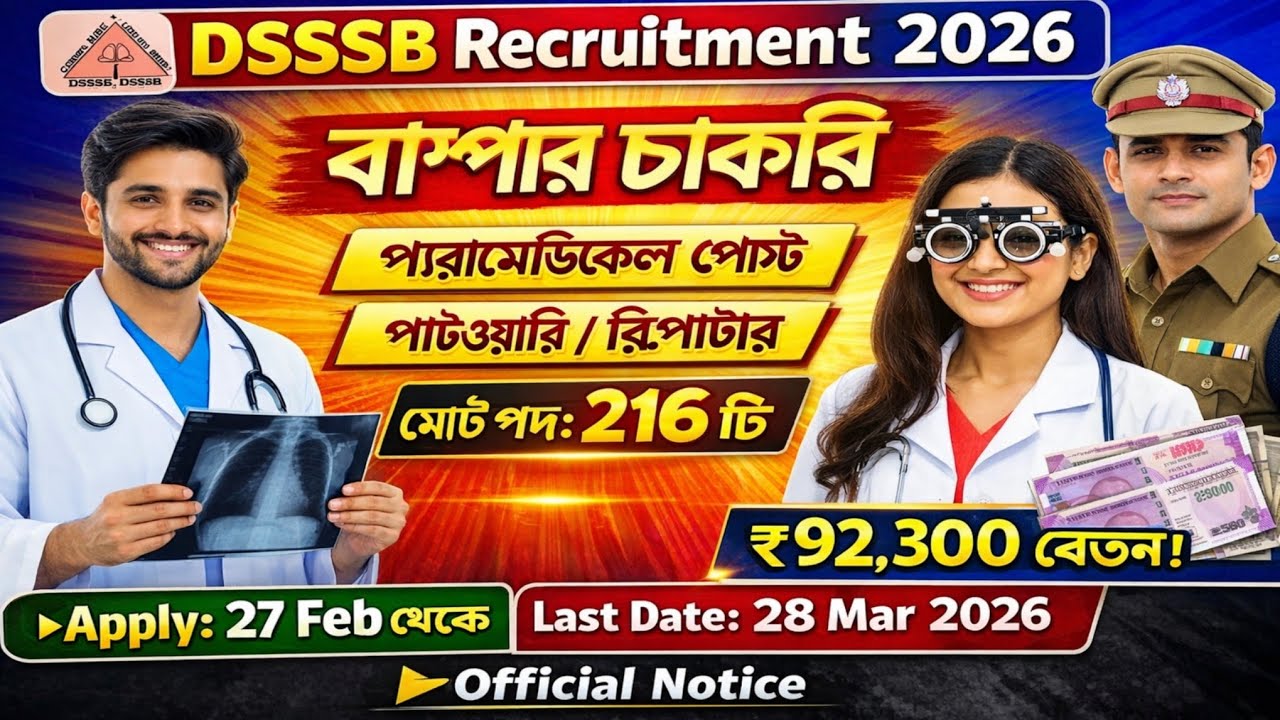 দিল্লিতে 216টি চাকরি|DSSSB Recruitment 2026 | 216টি পদে নতুন চাকরি | Radiographer, Patwari, Reporter