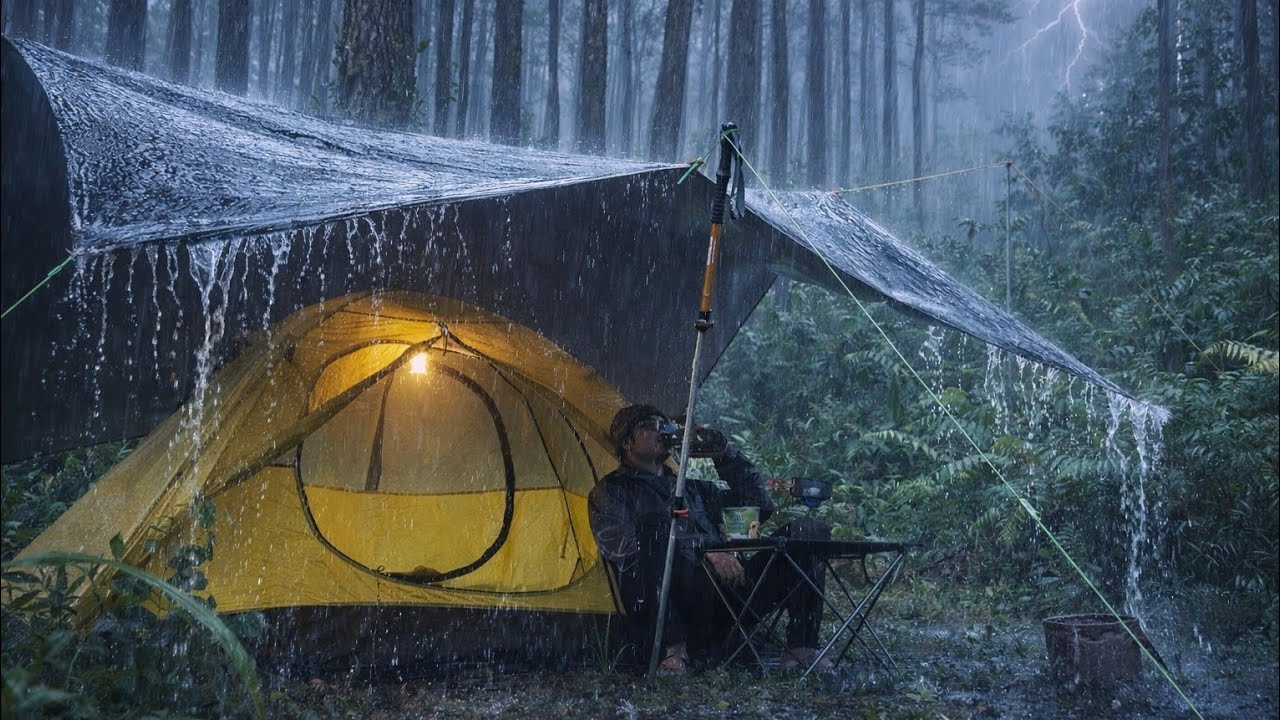 I THOUGHT IT WAS JUST RAIN.. Tarp Camping in Heavy Rain | Cozy Rain Sounds for Sleeping & Relaxation