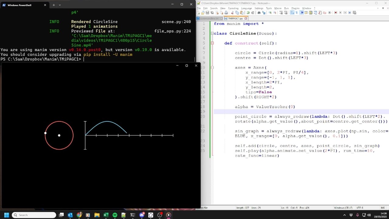 Animate the link between a sine curve and a unit circle in Manim #MathsAnimationTMiP Prompt 1