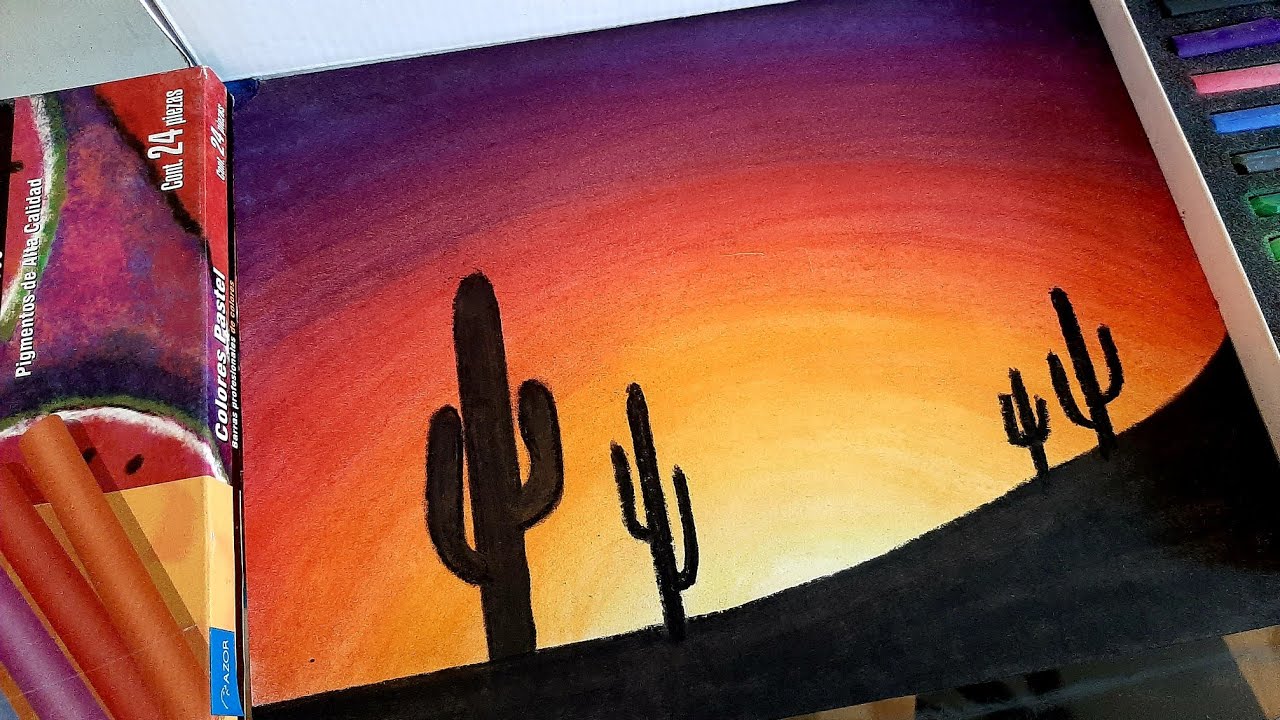 Como Dibujar Cactus Con Atardecer Fácil / Mary Suarez