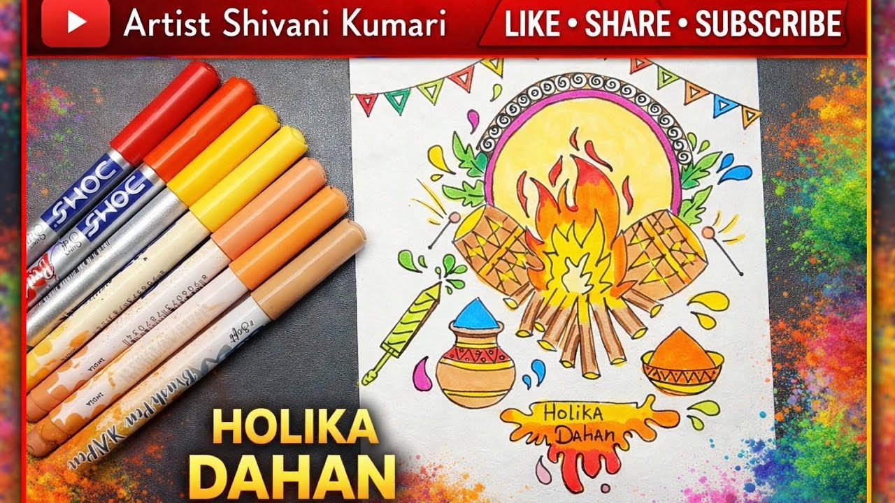 🔥 Holika Dahan Drawing for Beginners | Easy Festival Poster Art Step by Step