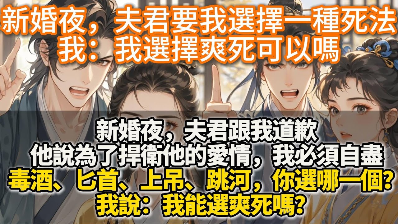 完結爽文：夫君爲愛守身，我霸王硬上弓。新婚夜，夫君跟我道歉。他說為了捍衛他的愛情，我必須自盡。說吧，毒酒、匕首、上吊、跳河，你選哪一個？我說：我能選爽死嗎？