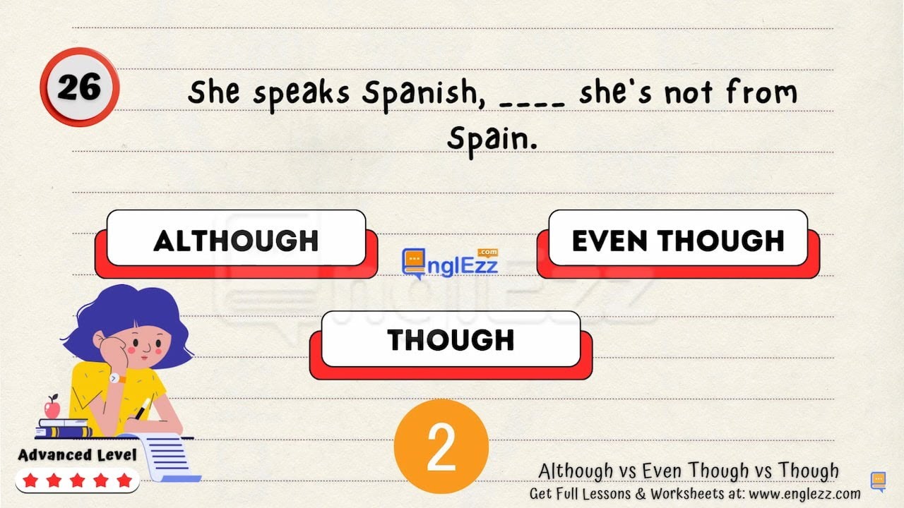 Although vs Even Though vs Though Exercises 🍎 Grammar Test  English Exercise ✍️ Advanced Level