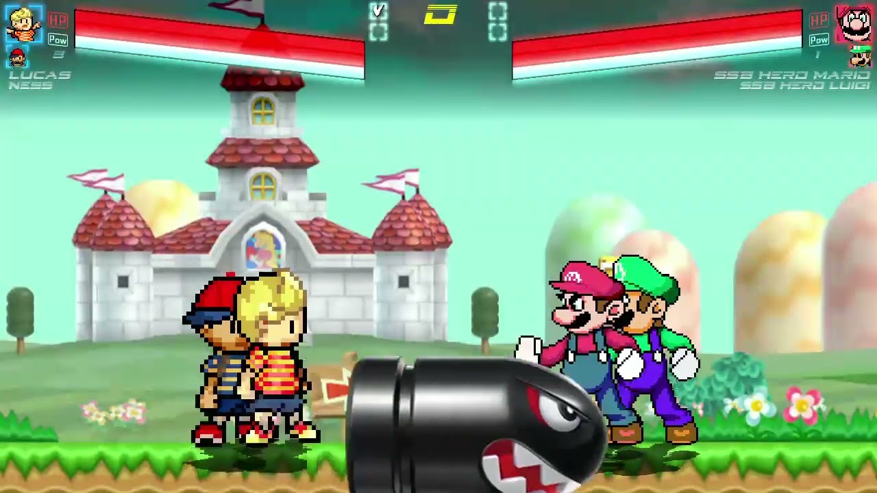 Mugen Battle - Lucas (Me) and Ness VS SSB Hero Mario and SSB Hero Luigi