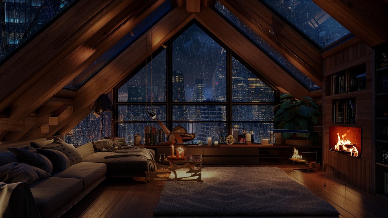 Crackling Fireplace with Soft Night Rain | A Cozy Shelter for Calm and Comfort