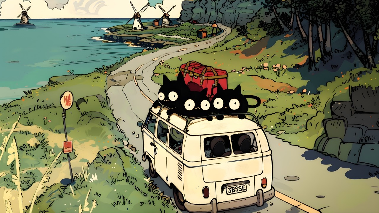 Cat Jazz Relax – Scenic Coastal Drive with Cute Cats | Study & Work Jazz