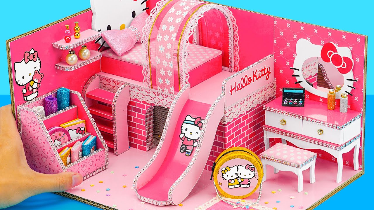 Миниатюрный домик своими руками №95 Розовый домик Hello Kitty со спальней, туалетным столиком и г...