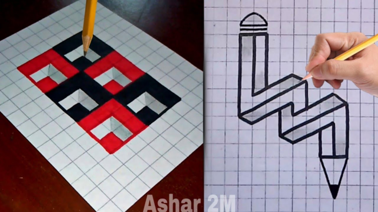 3D Easy Drawing Tricks on Graph/Grid Paper - Ashar 2M