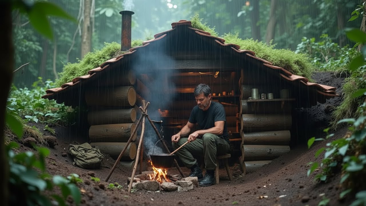 Building An Underground Survival Shelter With Logs And Clay Roof Deep In The Wild