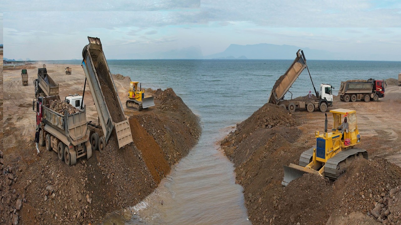 O.M.G! Working SHANTUI dozer Pushing the land away from the sea And Truck Dump 25.5Ton