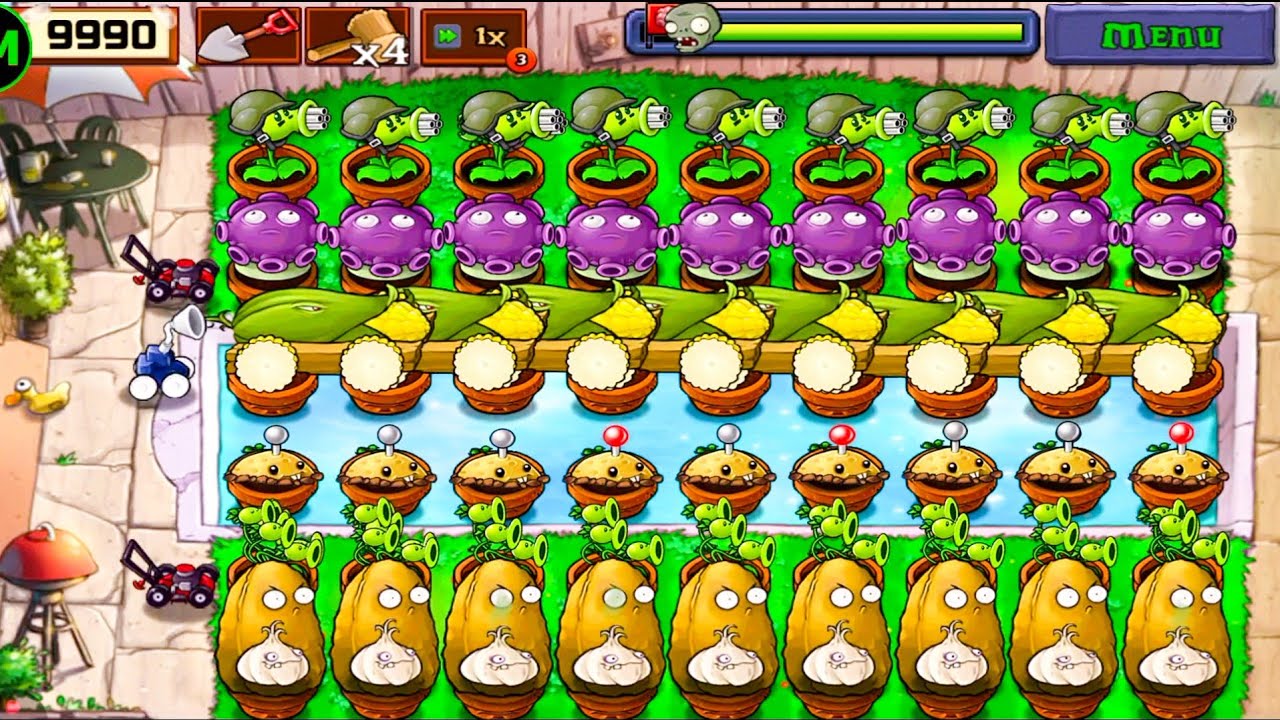 Plants Vs zombies Survival Pool Cob Cannon+Gatling Pea+Threepeater+Gloom Shroom Vs All Zombies