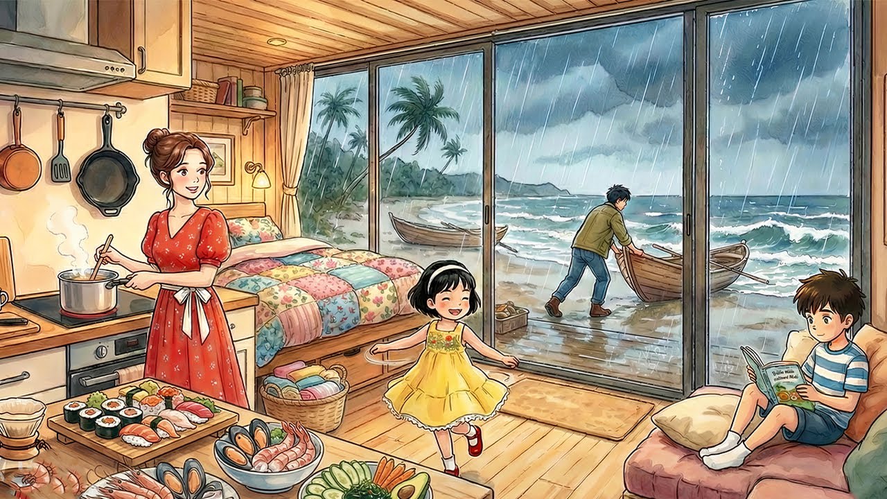 Living in a Container Home by the Sea: Rainy Morning & Cooking Seafood Hot Pot  | Ghibli Animation