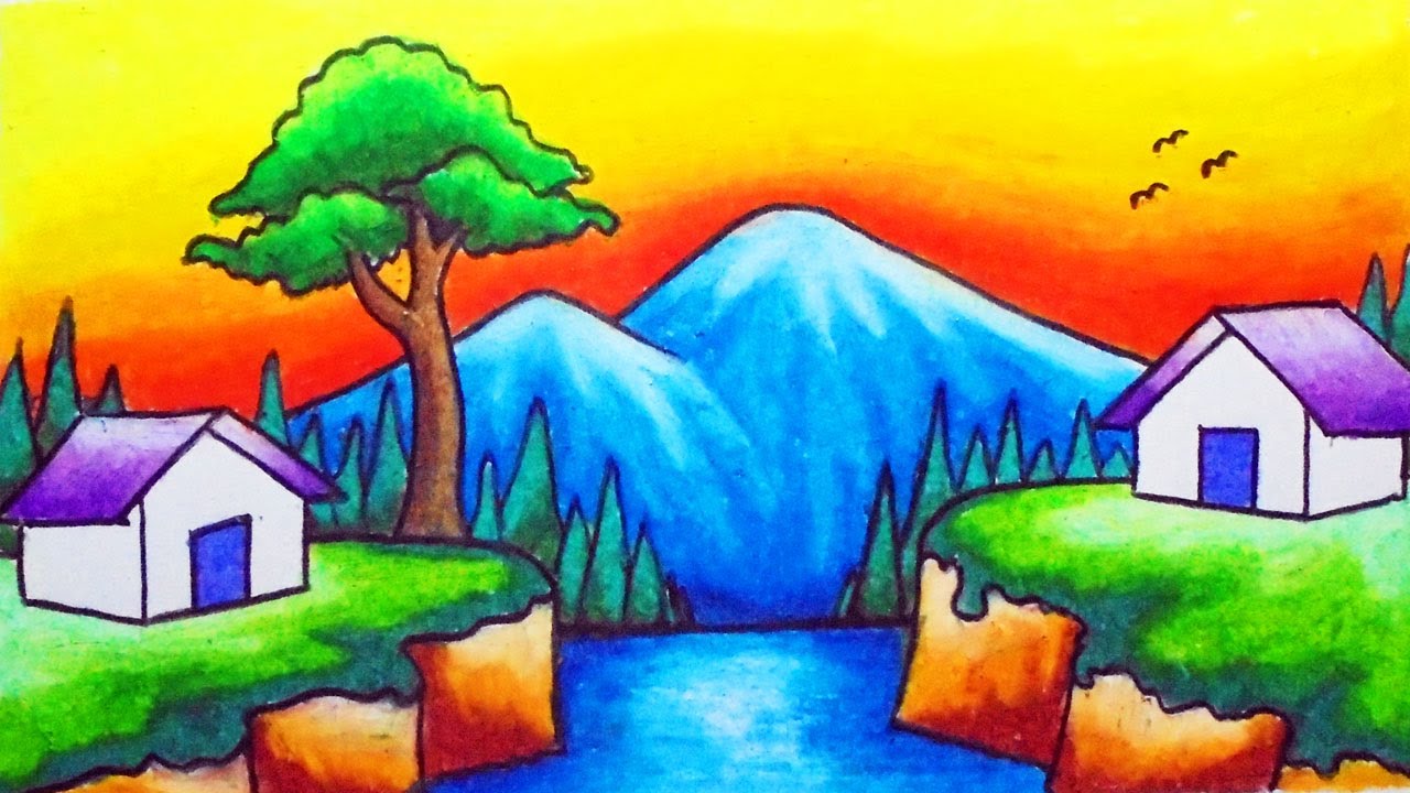 How to Draw House in the Village Scenery Step by Step | Easy Nature Scenery Drawing