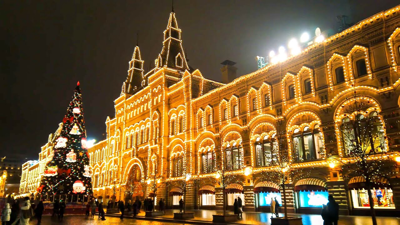 ⁴ᴷ⁶⁰ Прогулка по Москве: Новогодние Украшения 🎄 Лубянка, Ул. Никольская, Красная площадь, Зарядье