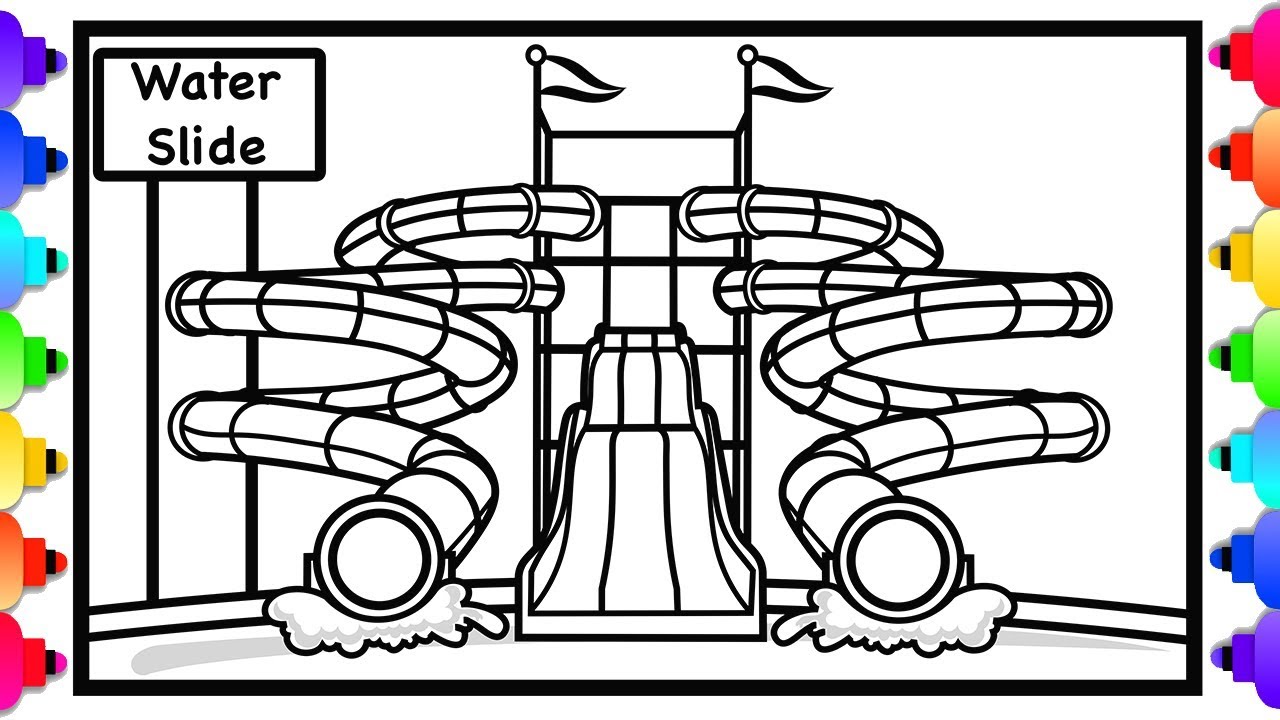 How to Draw a Waterpark  💦Giant Water Slide Coloring Page for Kids 💦💙💦 Step by Step Easy