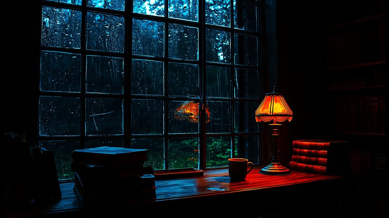 Heavy Rain on Window for Focus & Study | Dark Academia Library Ambience - 4K