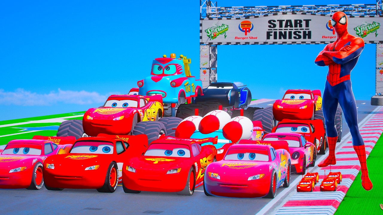 SPIDERMAN McQueen and Friends Long JUMP Challenge! A lot of Lightning McQueens - GTA 5