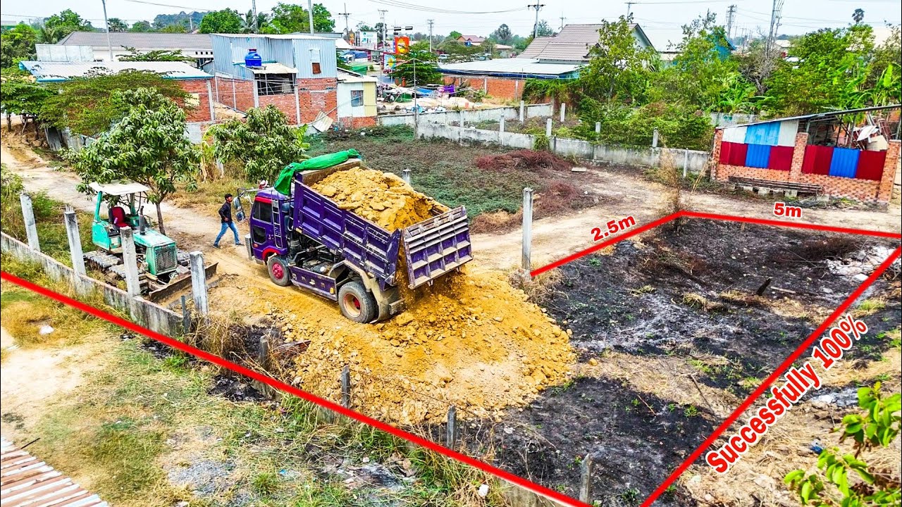 Got start new Project! Drop soil into the water by dump trucks & Komatsu d20p Dozer pushing