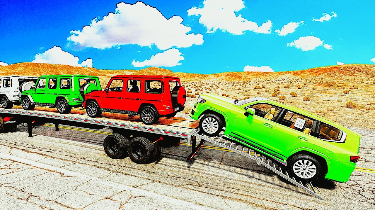 Four Trucks Transporting cars with Flatbed Trailers | Cars vs Speedbump vs Train vs Pothole #000