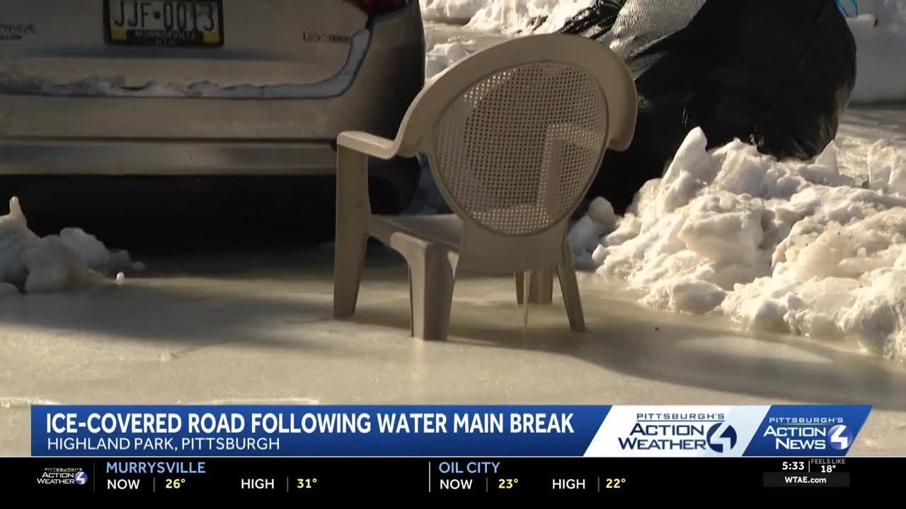 Vehicles frozen to Pittsburgh road days after water main break caused ice pile-up