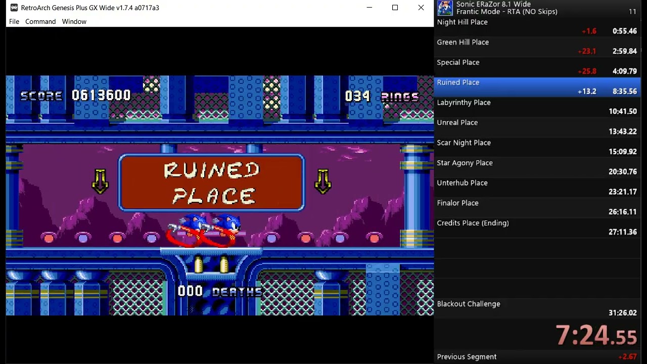 Sonic Erazor 8.1 -- Full game speedrun (RTA, Frantic Mode, No Skips) -- 29'23''53