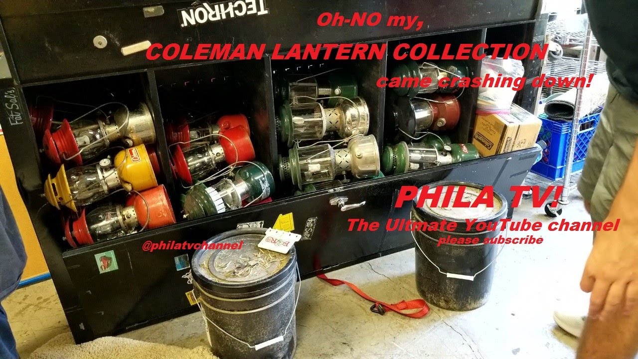 OH-NO MY COLEMAN LANTERN COLLECTION JUST CAME CRASHING DOWN, THE CABINET TIPPED OVER.. PHILA TV!