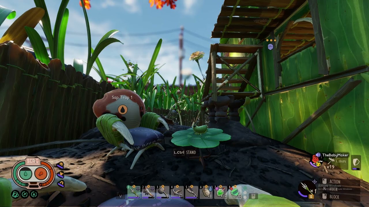 Two grown men play in the backyard in Grounded