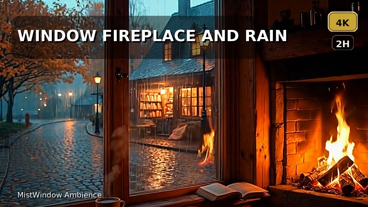 Cozy Fireplace Window Rain | Lluvia en Ventana con Chimenea | Bookshop Street Ambience (4K 2H)