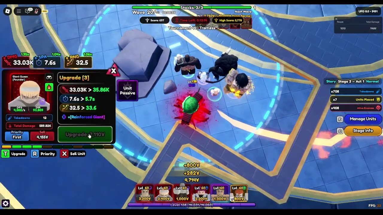 Anime Vanguards: Tournament#44 5,783 Kills [Traitless]