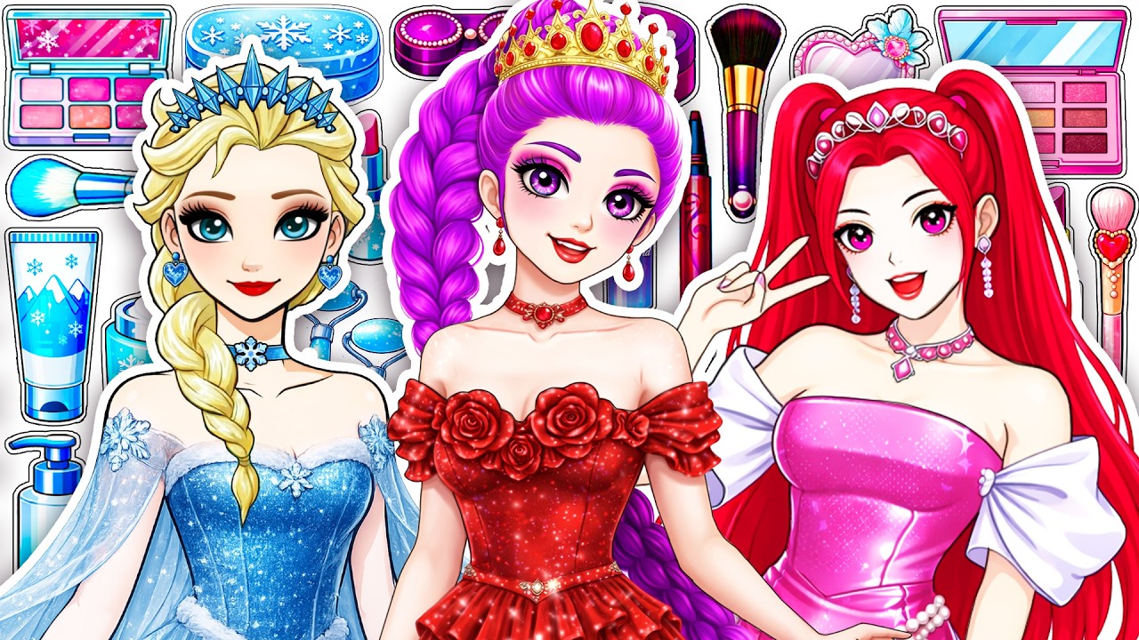 Paper DIY🎀K-Pop Demon Hunters: Huntrix & Disney Princess Elsa Prom Dresses Makeup Blind Bag Unboxing