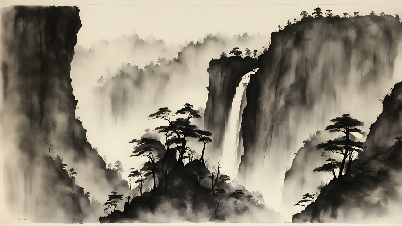 4K Japanese Ink Wash Landscapes (Waterfalls pt.2) | 2 Hour Fine Art Slideshow | No Music
