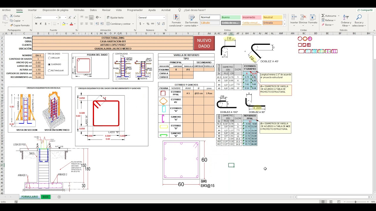 EXCEL PARA CALCULAR VOLUMEN DE ACERO CONCRETO Y CIMBRA DE DADOS DE CONCRETO