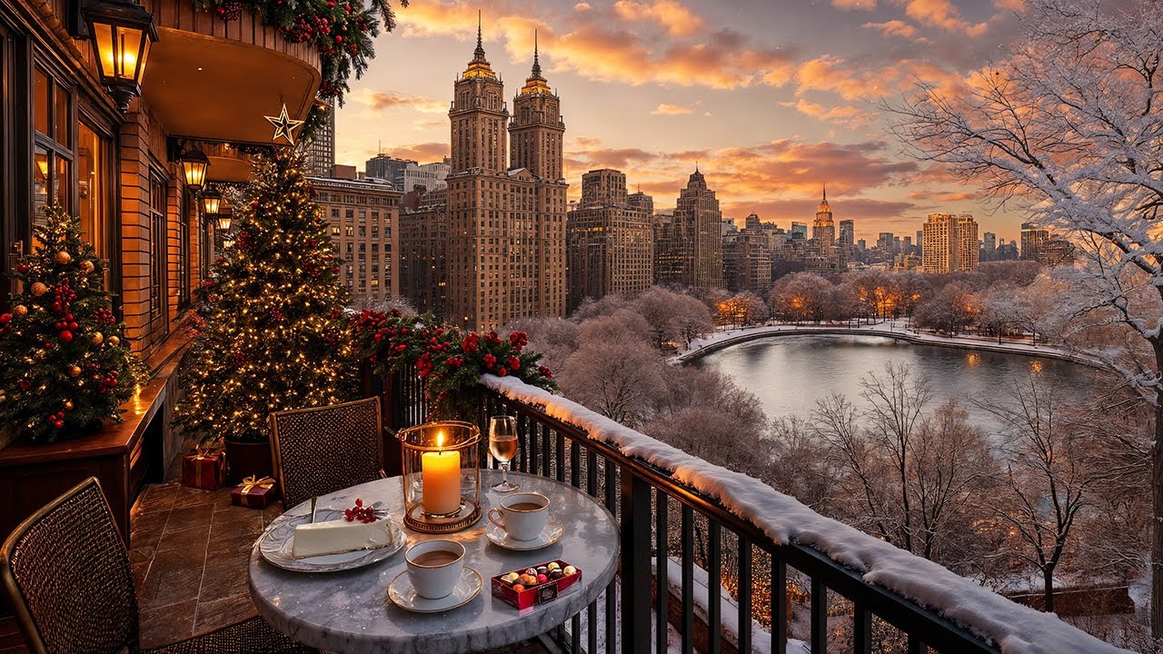 New York Winter Jazz Café ☕ Cozy Christmas Balcony Ambience & Soft Jazz Music for Study, Focus