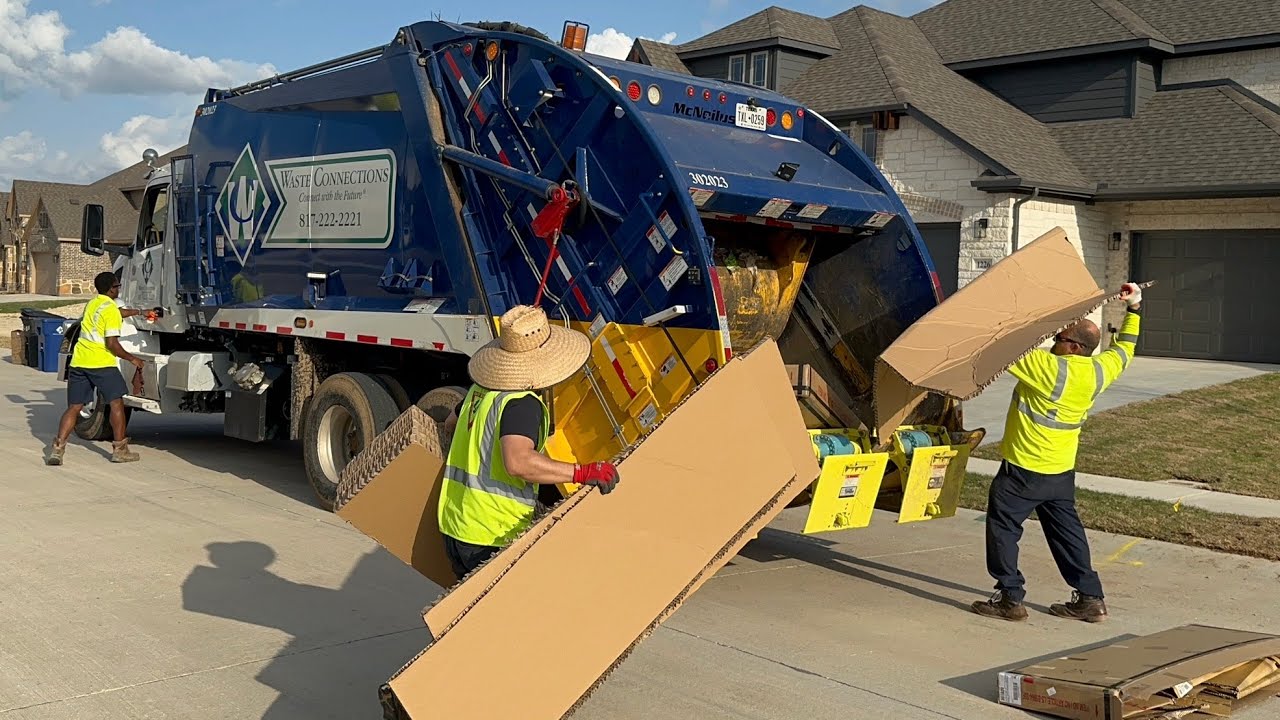 Waste Connections Peterbilt 367 McNeilus Rear Loader Garbage Truck Packing Massive Boxes + Trash