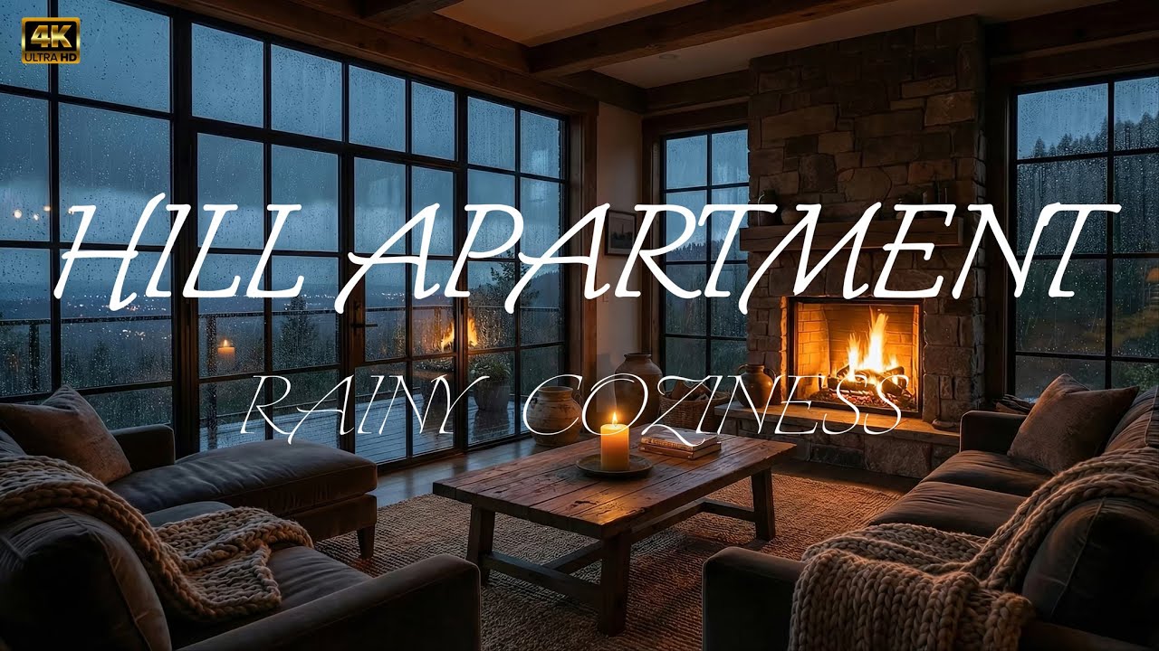 Hill apartment in the forest with cozy rain and crackling fire 🌧️ 4K ULTRA 60fps