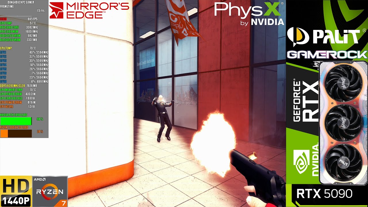 Mirrors Edge, 32-битный тест PhysX, максимальные настройки, 1440p | RTX 5090 | R7 9800X3D