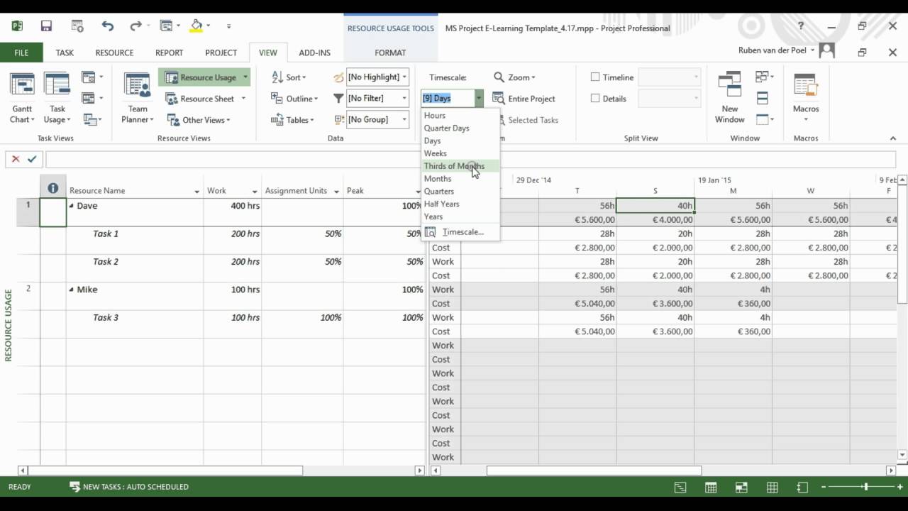 The resource usage and task usage view in Microsoft Project