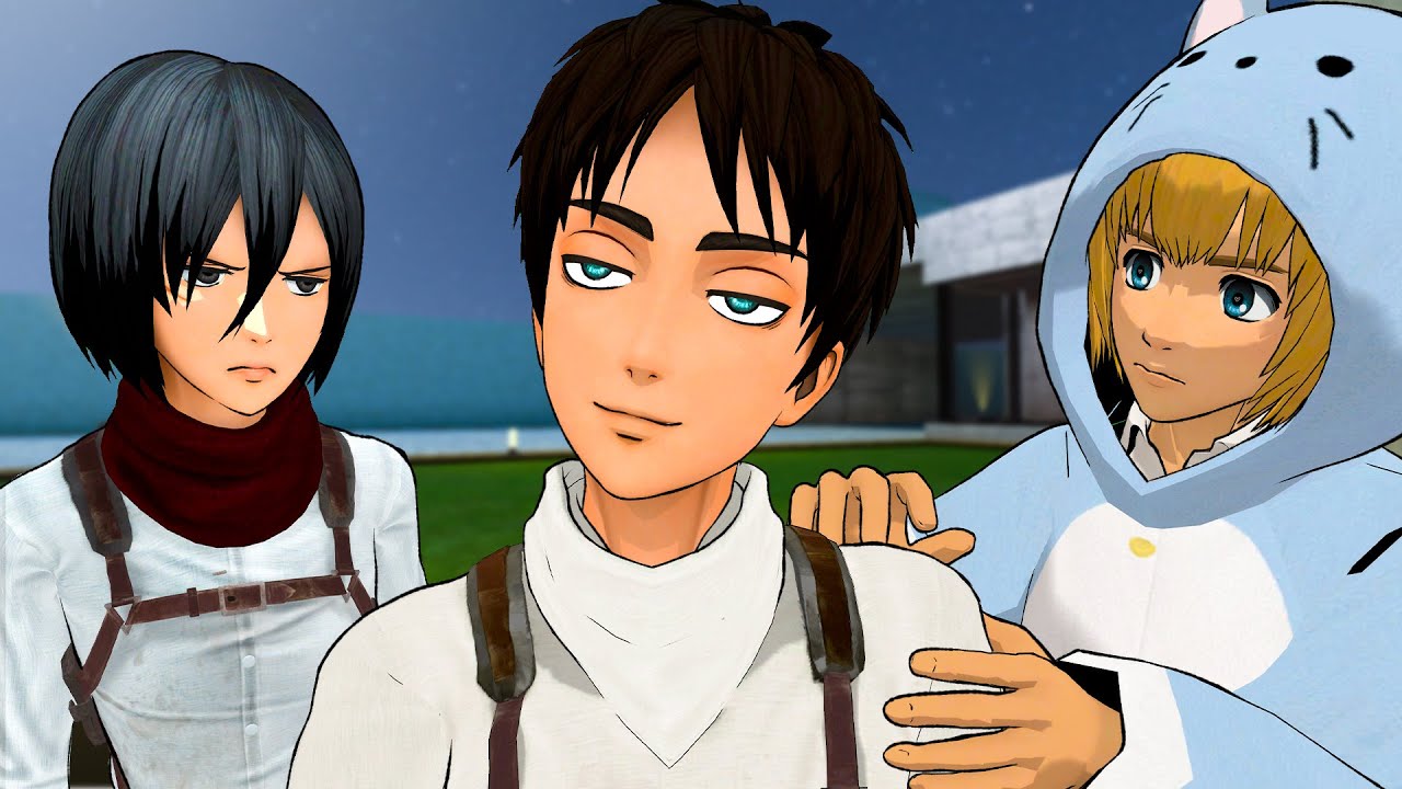 Eren prefere a Historia ou a Mikasa? no PPP de Attack on Titan com Eren, Mikasa e Armin no AOT VR