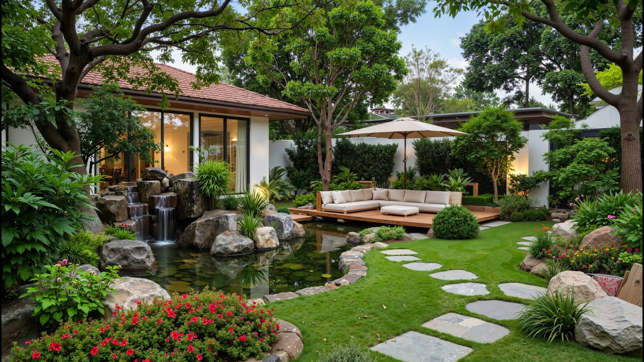 Soft Jazz Atmosphere In A Lush Green Garden Corner, With A Small Waterfall Creating A Peaceful