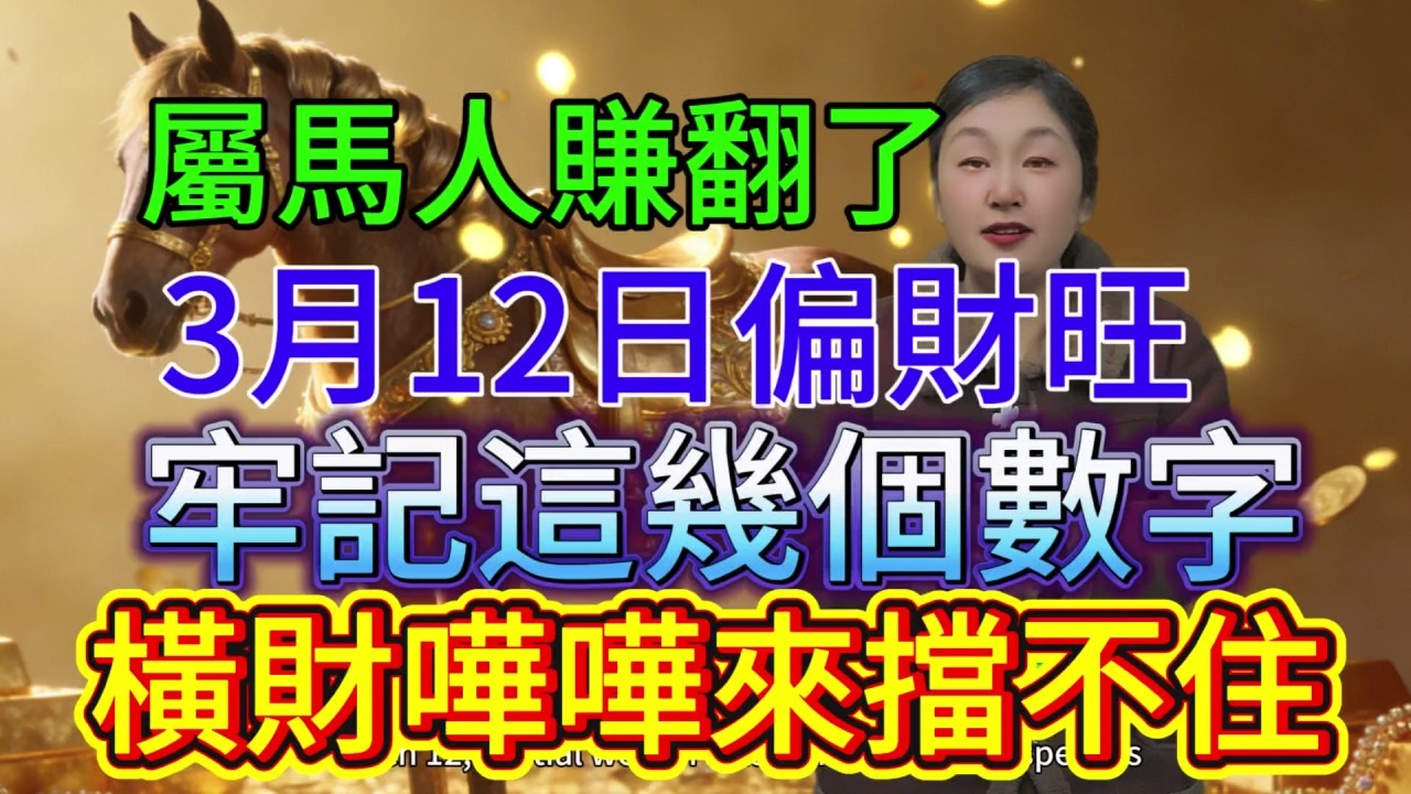 屬馬人賺翻！3 月 12 日偏財旺到離譜，這幾個數字一用，橫財嘩嘩來！#正能量 #運勢 #財富 #補財庫旺財氣 #風水